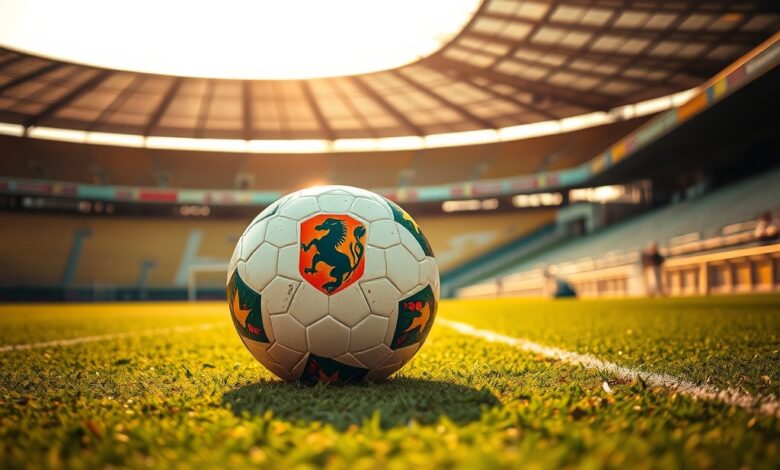 Bola de futebol sobre relvado num estádio desportivo vazio durante o entardecer antes do jogo oficial.