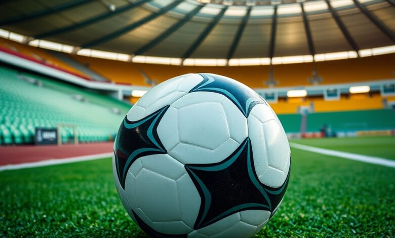 Bola de futebol sobre relvado verde num estádio moderno sob holofotes desportivos em dia de jogo.