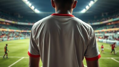 Camisolas desportivas dobradas num balneário vazio antes de uma grande partida de futebol profissional.