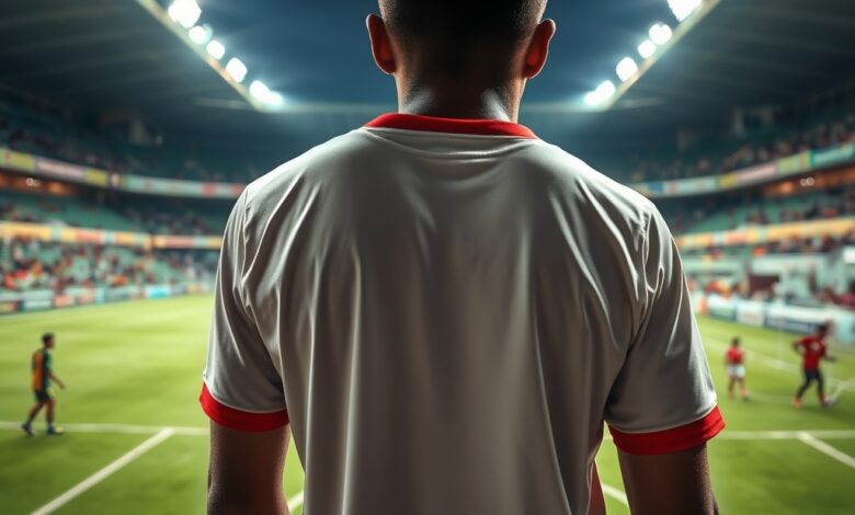 Camisolas desportivas dobradas num balneário vazio antes de uma grande partida de futebol profissional.