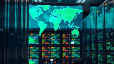 Servidores de dados e ecrãs com mapas digitais num centro de cibersegurança e vigilância internacional.