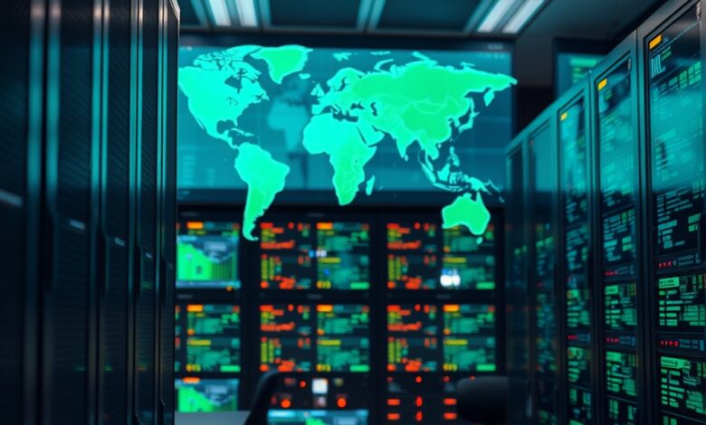 Servidores de dados e ecrãs com mapas digitais num centro de cibersegurança e vigilância internacional.