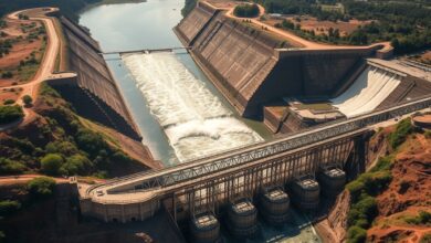 Vista panorâmica da imponente infraestrutura de betão de uma central hidroeléctrica fluvial com descargas de água.