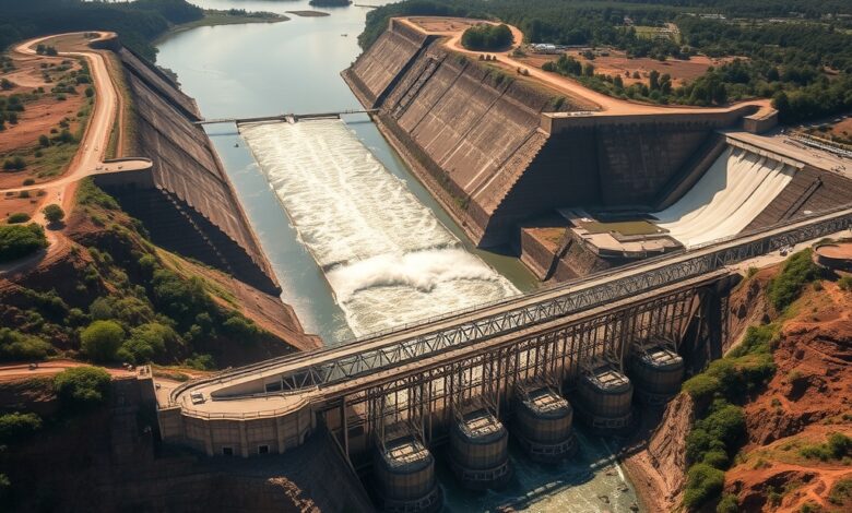 Vista panorâmica da imponente infraestrutura de betão de uma central hidroeléctrica fluvial com descargas de água.
