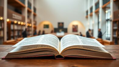 Exemplares de livros abertos sobre uma mesa de madeira num centro cultural com iluminação quente