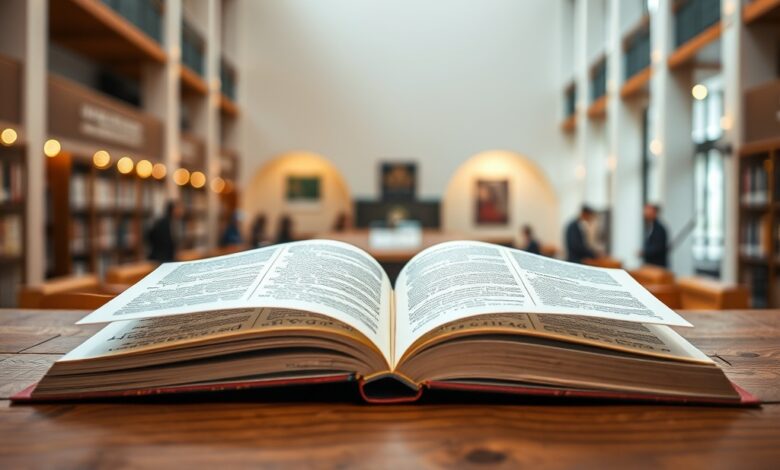 Exemplares de livros abertos sobre uma mesa de madeira num centro cultural com iluminação quente