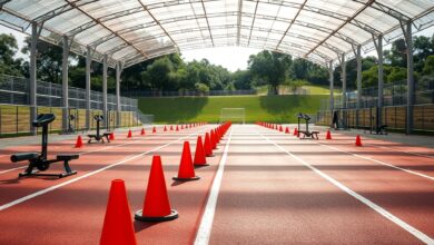 Pista de corrida coberta durante competição de fitness com cones e equipamentos desportivos funcionais.