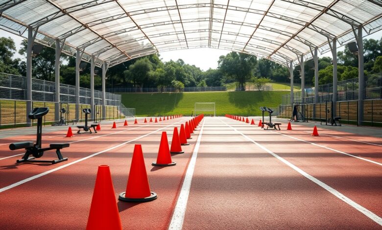 Pista de corrida coberta durante competição de fitness com cones e equipamentos desportivos funcionais.
