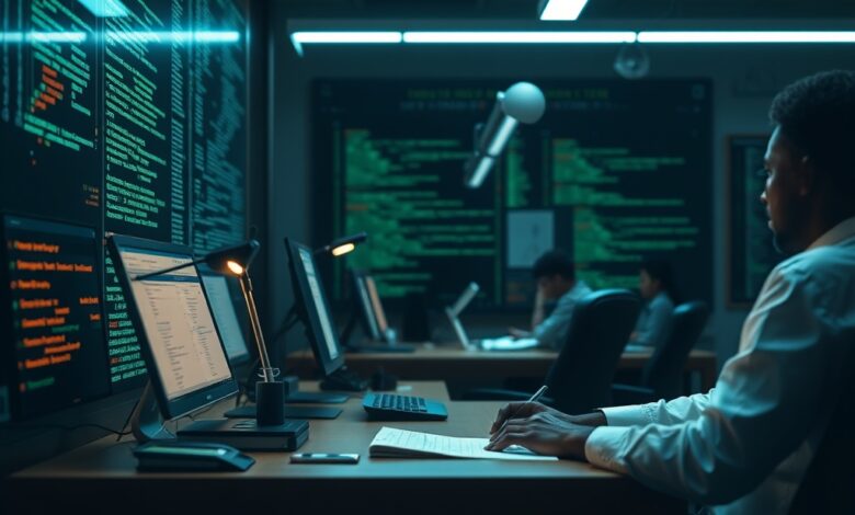 Ecrã com linhas de código e algoritmos complexos num escritório de tecnologia contemporâneo iluminado.