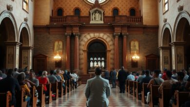 Fachada solene de uma catedral histórica com fiéis reunidos em ambiente de oração e reflexão pacífica.