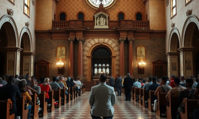 Fachada solene de uma catedral histórica com fiéis reunidos em ambiente de oração e reflexão pacífica.