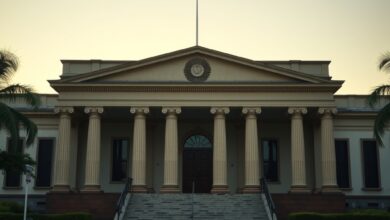 Fachada solene de tribunal de justiça com colunas imponentes sob luz difusa da tarde