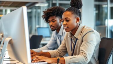 Jovens profissionais colaboram em redor de computadores num moderno espaço de trabalho e tecnologia em Maputo.