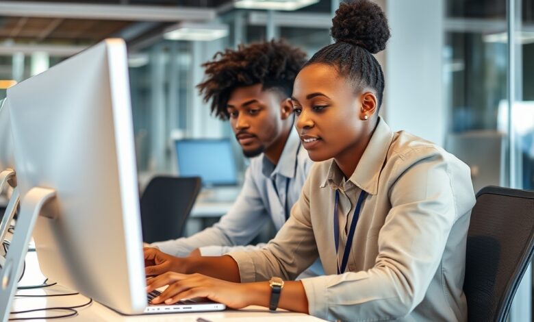 Jovens profissionais colaboram em redor de computadores num moderno espaço de trabalho e tecnologia em Maputo.