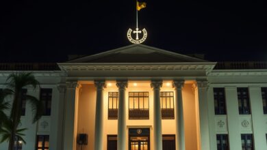 Edifício de tribunal superior iluminado ao anoitecer com símbolos da justiça em plano aberto e sóbrio.