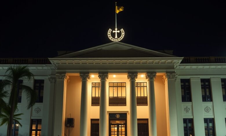 Edifício de tribunal superior iluminado ao anoitecer com símbolos da justiça em plano aberto e sóbrio.