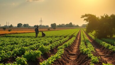 Campos agrícolas rurais ressequidos sob a luz do sol, evidenciando os desafios climáticos na produção de alimentos.