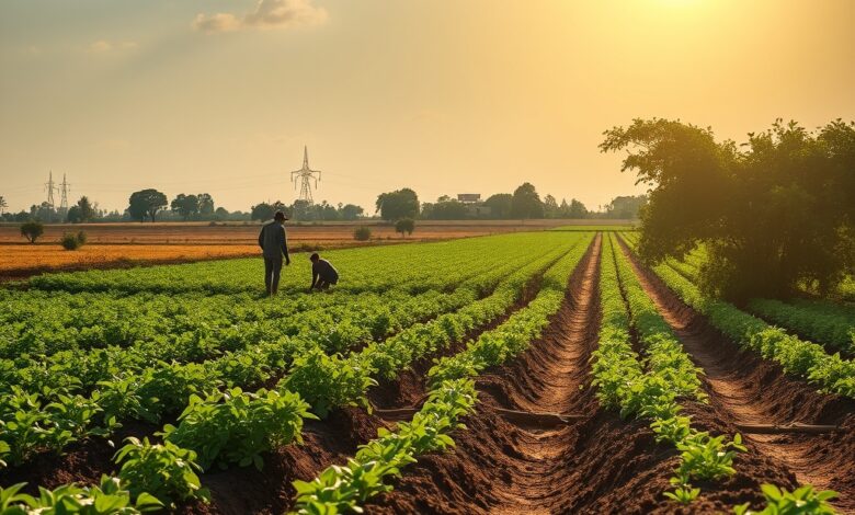 Campos agrícolas rurais ressequidos sob a luz do sol, evidenciando os desafios climáticos na produção de alimentos.