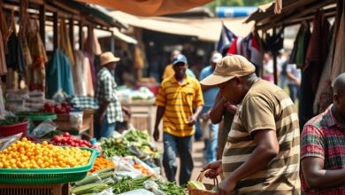 Trabalhadores moçambicanos num mercado tradicional a desempenhar actividades comerciais diárias ao ar livre.