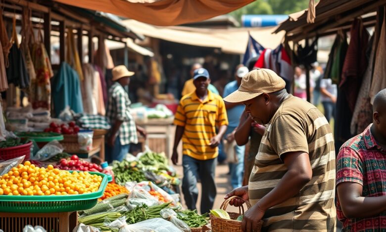 Trabalhadores moçambicanos num mercado tradicional a desempenhar actividades comerciais diárias ao ar livre.