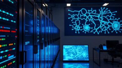 Servidores de dados iluminados em azul numa sala tecnológica com ecrãs exibindo gráficos abstratos de redes neuronais.