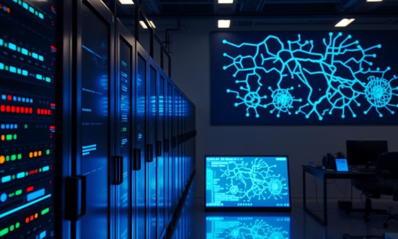 Servidores de dados iluminados em azul numa sala tecnológica com ecrãs exibindo gráficos abstratos de redes neuronais.