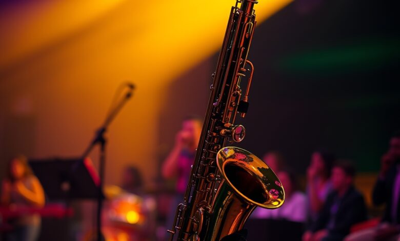 Saxofone dourado em suporte de palco iluminado com iluminação cénica suave durante concerto intimista