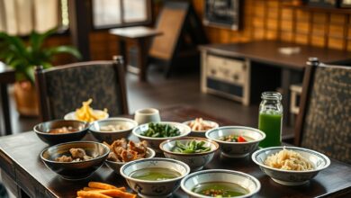 Mesa tradicional japonesa com chá verde e alimentos frescos em ambiente calmo de comunidade asiática