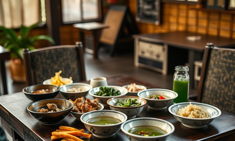 Mesa tradicional japonesa com chá verde e alimentos frescos em ambiente calmo de comunidade asiática