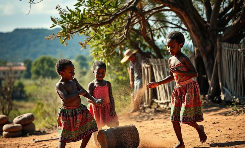 Crianças moçambicanas a brincar ao ar livre com jogos tradicionais no chão de terra batida