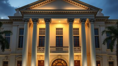 Fachada de um edifício de tribunal de justiça com colunas clássicas e iluminação institucional sóbria ao entardecer.