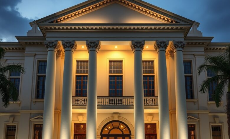Fachada de um edifício de tribunal de justiça com colunas clássicas e iluminação institucional sóbria ao entardecer.