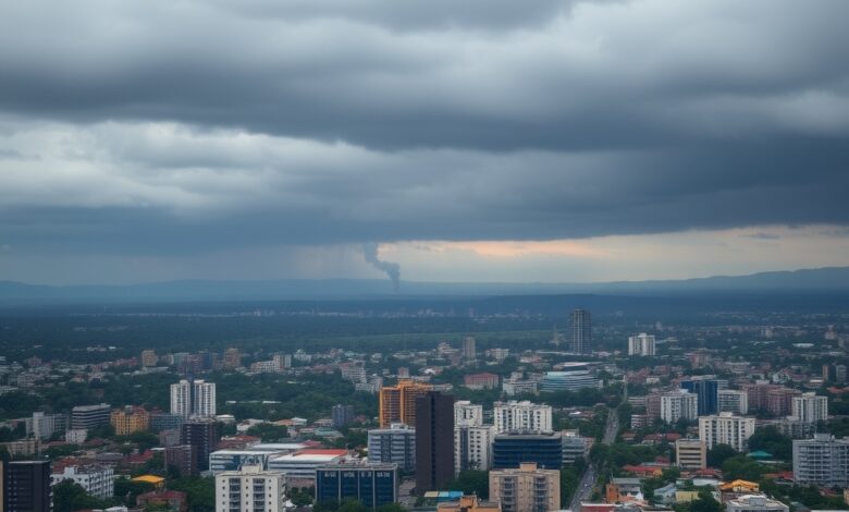 Vista panorâmica urbana de uma metrópole sob céu nublado com fumo distante em horizonte melancólico