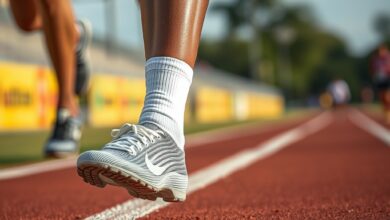 Pés descalços de um corredor sobre pista de terra batida durante uma prova de atletismo.