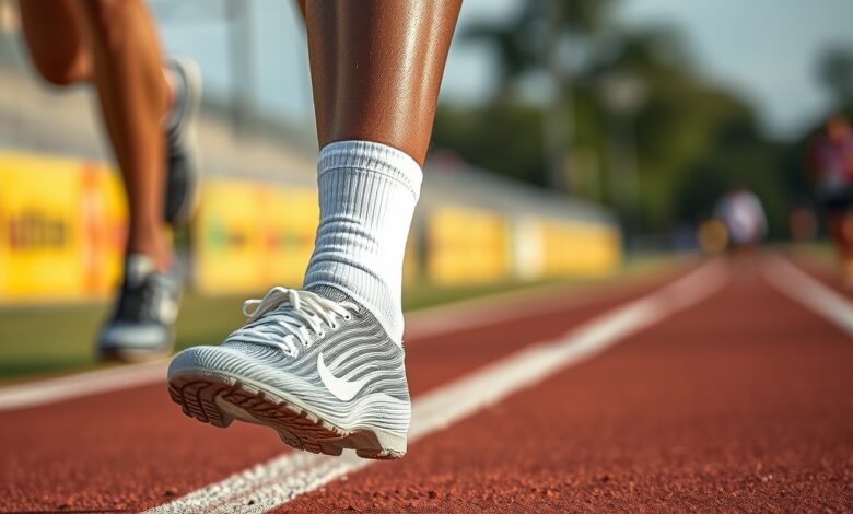 Pés descalços de um corredor sobre pista de terra batida durante uma prova de atletismo.
