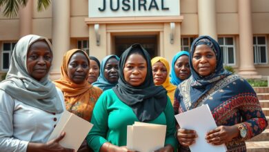 Grupo de mulheres reunidas em frente a um edifício judicial segurando pastas com documentos oficiais.