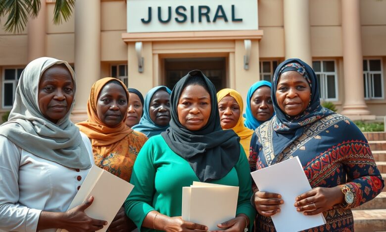 Grupo de mulheres reunidas em frente a um edifício judicial segurando pastas com documentos oficiais.