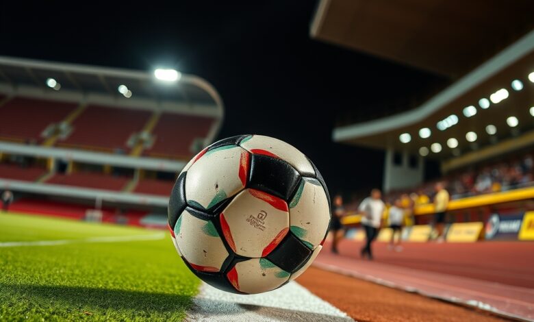 Bola de futebol no relvado de um estádio sob luzes intensas em noite de competição