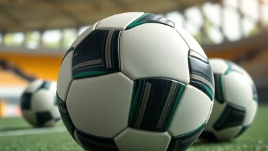 Bolas de futebol sobre relvado verde num estádio moderno durante sessão de treino desportivo juvenil.