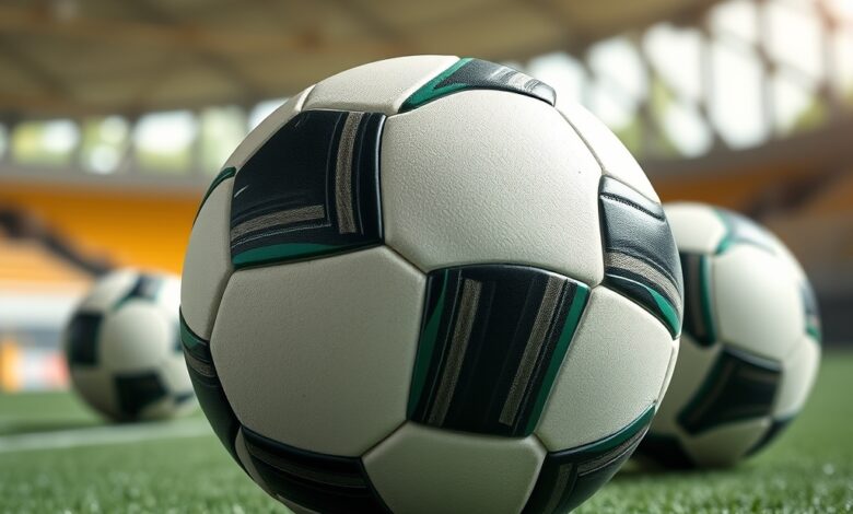 Bolas de futebol sobre relvado verde num estádio moderno durante sessão de treino desportivo juvenil.