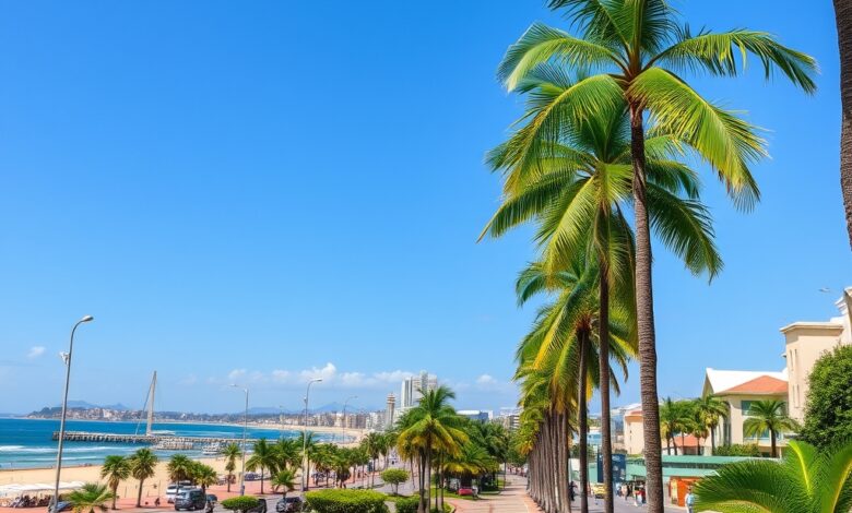 Vista panorâmica da orla marítima de Maputo com calçadão, palmeiras e pequenas estruturas comerciais voltadas ao turismo.