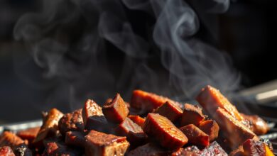 Grelha ao ar livre com cortes de carne assada fumegante sobre brasas ardentes num festival gastronómico