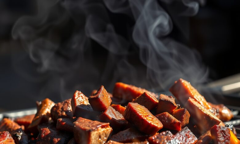 Grelha ao ar livre com cortes de carne assada fumegante sobre brasas ardentes num festival gastronómico