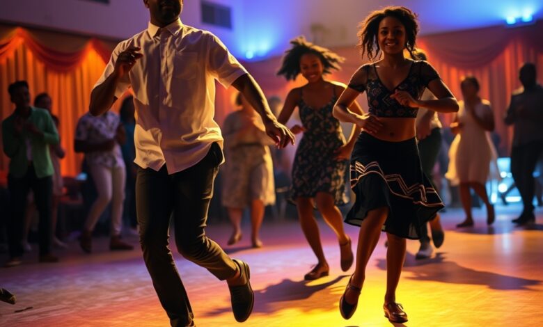 Bailarinos em movimento num palco iluminado durante uma performance de dança contemporânea em ambiente cultural.