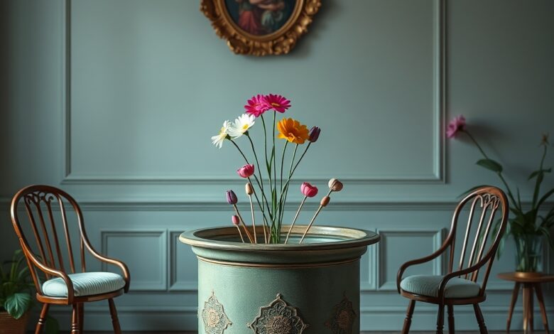 Coroa de flores e pincéis repousados sobre um cavalete de pintura num salão solene de cerimónia fúnebre.