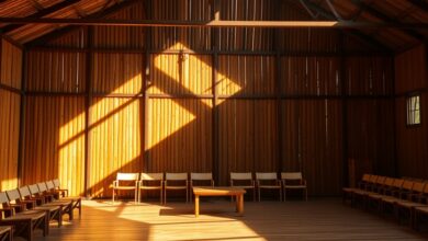 Sala de ensaio com chão de madeira iluminada pela luz solar com sapatilhas de dança em destaque
