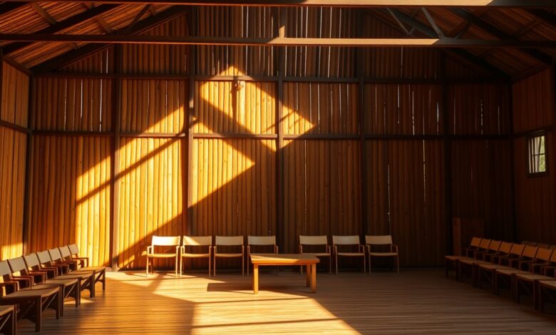 Sala de ensaio com chão de madeira iluminada pela luz solar com sapatilhas de dança em destaque
