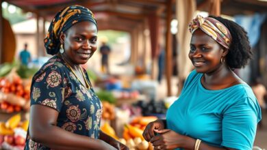 Mulheres empreendedoras a trabalhar num mercado comunitário organizado ao ar livre num ambiente urbano africano