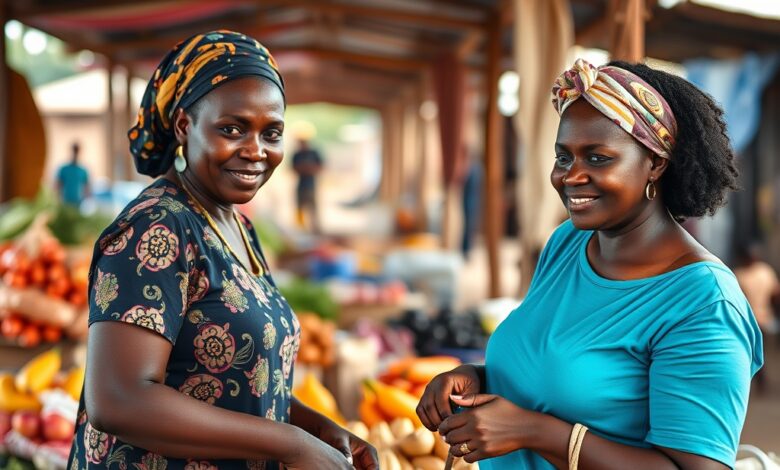 Mulheres empreendedoras a trabalhar num mercado comunitário organizado ao ar livre num ambiente urbano africano