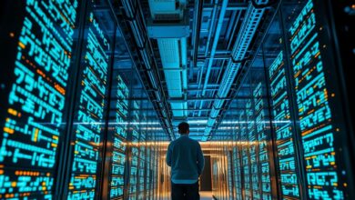 Servidores de dados e ecrãs digitais iluminados com linhas de código num moderno centro tecnológico global.